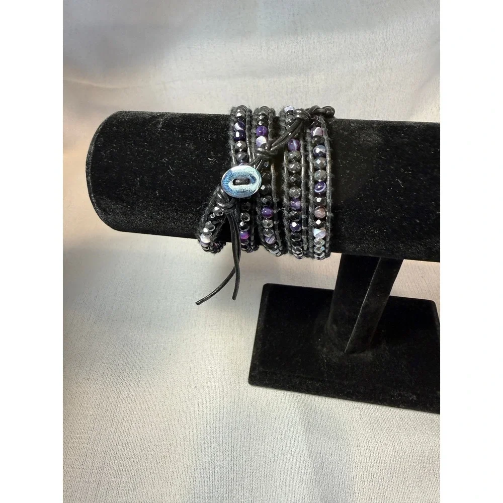 Victoria Emerson Black Leather & Beaded Wrap Bracelet  NWOT